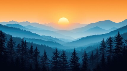 Obraz premium Majestic Sunset over the Blue Mountains: A Serene Landscape Panorama. Breathtaking View of Nature's Tranquility. Peaceful Forest Scene at Golden Hour