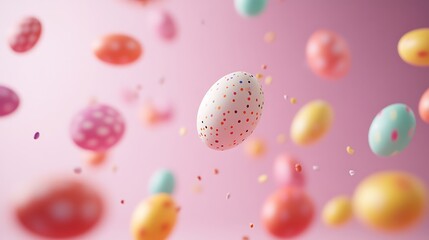 Colorful speckled Easter eggs floating on pink background.