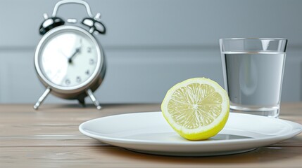 Fresh morning start with lemon and water on wooden table