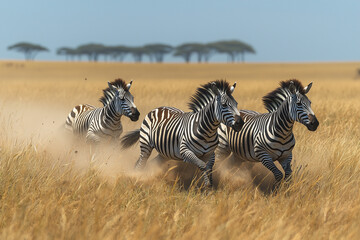 Obraz premium A thrilling moment of zebras running across the savanna, their striking striped coats contrasting beautifully with the natural landscape. The scene conveys the freedom and power of these majestic anim