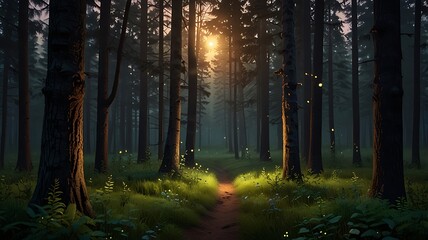 Fototapeta premium Tranquil Evergreen Forest At Dusk, With Fireflies Glowing Softly Between The Trees