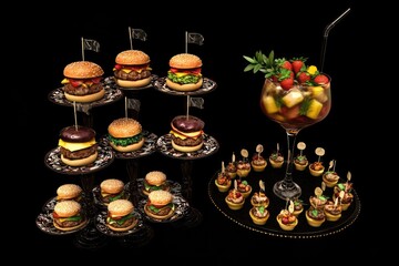 Naklejka premium A display of gourmet burgers and colorful fruit cocktails on elegant serving trays.