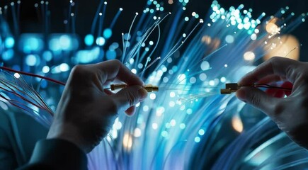 Connecting Fiber Optic Cables with Glowing Light Effect