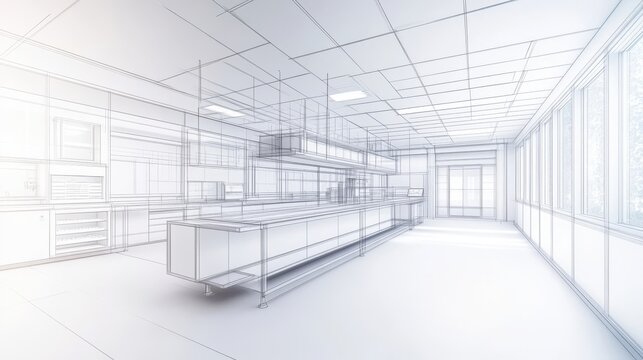 A 3D blueprint of a cleanroom symbolizing cleanroom design for pharmaceuticals on a solid white background
