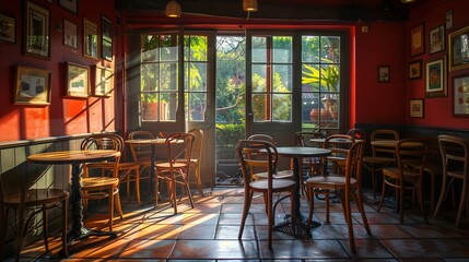 interior of French cafe with morning light from windows