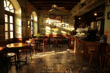 interior of Italians cafe with morning light from windows
