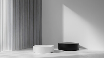 Minimalist black and white podium display in sunlight