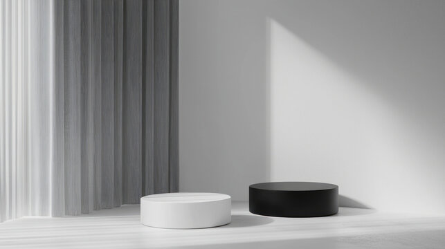 Minimalist black and white podium display in sunlight - Powered by Adobe