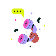 Hand Holding Telephone Receiver In Flat Vector Illustration Symbolizing Communication, Customer Support, And Contact Us Services, Isolated On White Background.