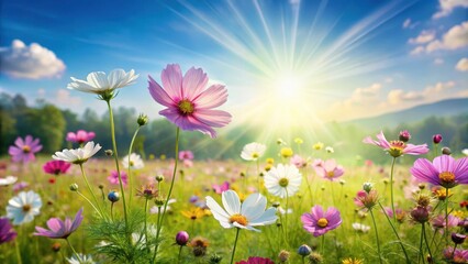 Fototapeta premium Peaceful flowers blooming in a lush meadow under a bright sunny sky with gentle breeze and soft focus effect, idyllic, peace, idyllic