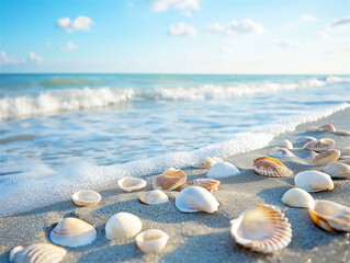 Shells scattered on a tranquil beach with clear blue waters and soft waves, creating a serene coastal environment perfect for relaxation or design use.