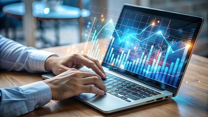Profesional de negocios escribiendo en una computadora portátil con panel de análisis virtual. Hombre analizando datos, revisando gráficos comerciales e informes financieros en un espacio de trabajo m