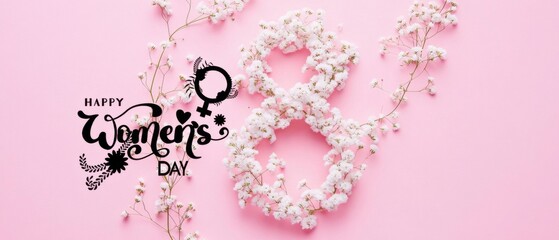Happy Womens Day Floral Design: Pink Background with White Flowers Forming Number Eight