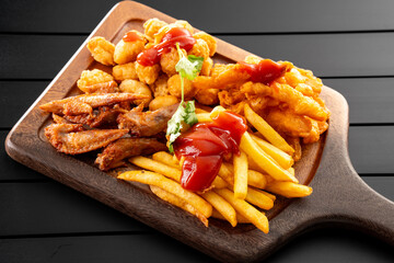 Fried chicken and French fries are placed on a wooden board