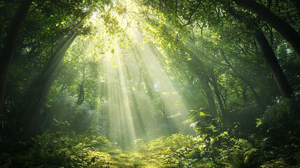 Obraz premium Scenic forest with sunlight streaming through lush green canopy