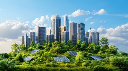 Fototapeta premium Modern city skyline with ecofriendly corporate buildings solar energy panels and green spaces visually representing ESG principles and sustainable industry goals for the future