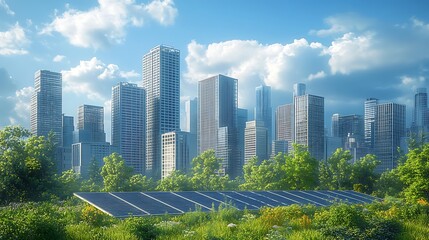 Fototapeta premium Modern city skyline with ecofriendly corporate buildings solar energy panels and green spaces visually representing ESG principles and sustainable industry goals for the future