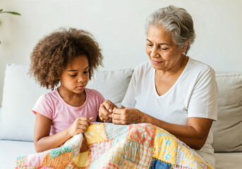 Grandmother teaching granddaughter quilting craft at home
