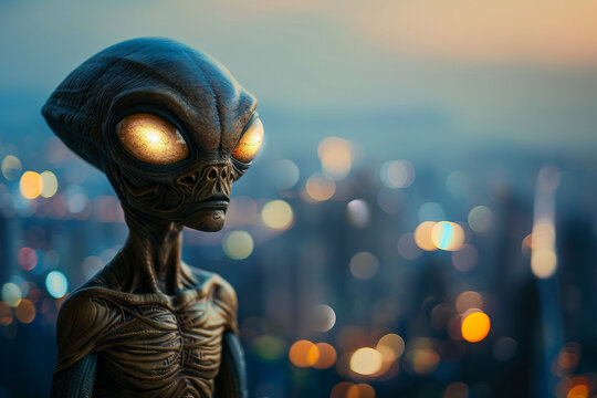 Image of extraterrestrial alien invading earth exploring city generative AI