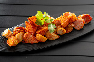 Put fried potato chunks on a black plate