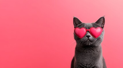 Adorable British cat with heart-shaped pink glasses, vibrant pink backdrop, fun and whimsical theme