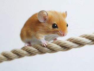 A cute orange mouse perched on a rope, showcasing its playful nature and curiosity.