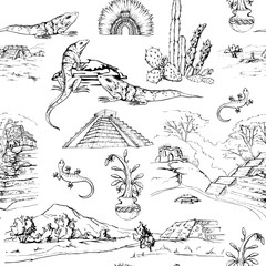 Mexican Aztec pyramid landscape, ancient religious carvings headdress, iguana lizard cacti cocoa. Hand drawn ink vector isolated illustration. Seamless pattern for travel, vacation brochure, paper