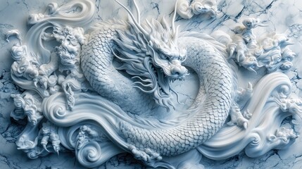 Majestic White Dragon Sculpture: Chinese Mythological Art, Ancient Symbol of Power and Strength. Intricate Stone Carving, Marble Texture, 3D Render