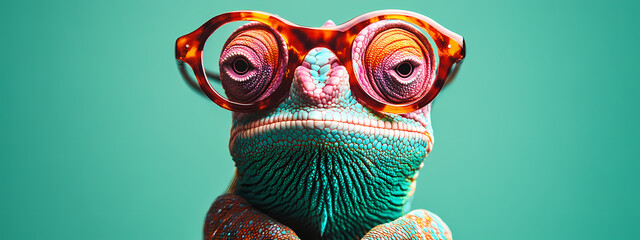 Fototapeta premium Colorful Chameleon on a Bold Green Background