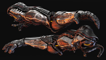 Futuristic mechanical robotic arms designed with intricate, advanced technology and detailed engineering for science fiction and cyberpunk themes in digital art
