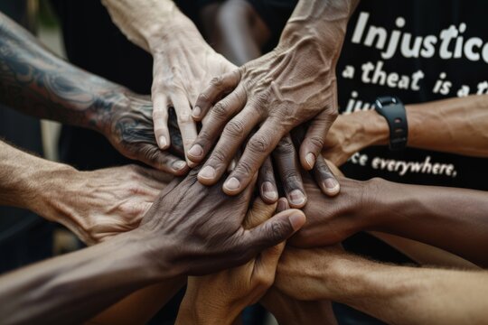 ​Martin Luther King Day.A group of hands of various skin tones stacked together as a symbol of unity.