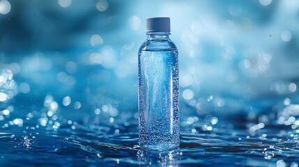 Clear water bottle with condensation on sparkling blue background