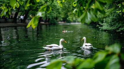 Take A Walk Outdoors Day. Elderly couple walking hand-in-hand along a lakeside path with ducks and autumn scenery.