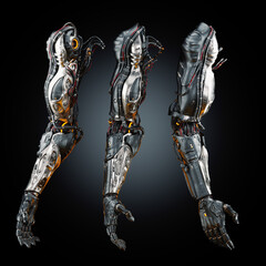 Futuristic cybernetic robotic arms with complex mechanical design and intricate details displayed against a dark gradient background in three views