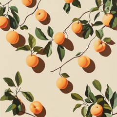 Still life illustration of ripe oranges on branches with leaves against a beige background.