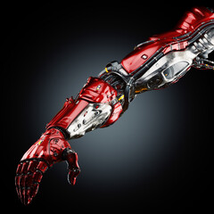 Red futuristic robotic arm with advanced mechanical design and sleek metallic finish against a dark...