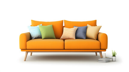 Bright orange sofa with soft cushions and decorative pillows