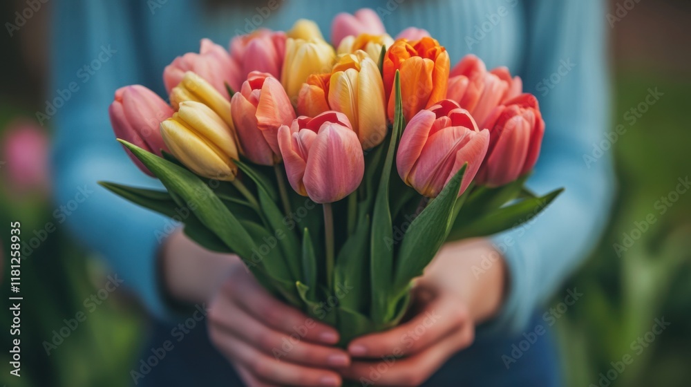 Wall mural female hands holding bunch of red, pink, orange tulips. Bouquet of Spring flowers for mother's day. Birthday floral celebrating concept