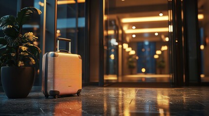 Travel Suitcase Positioned at the Hotel Entrance