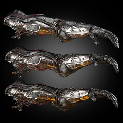 Futuristic mechanical robotic arms with intricate metal design and wiring displayed on dark background showcasing advanced technology and engineering