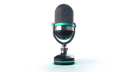 3D microphone icon with glowing metallic mesh and base, modern design