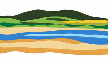 Coastal landscape illustration river, beach, hills, nature scene, website banner.