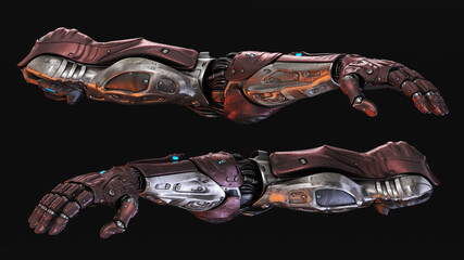 Detailed futuristic robotic arms with metallic and synthetic components, showcasing advanced technology and intricate design on a black background
