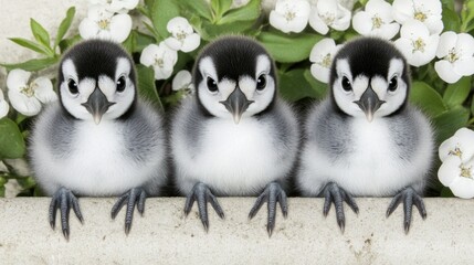 Obraz premium Three Adorable Penguin Chicks Peeking from White Blossoms
