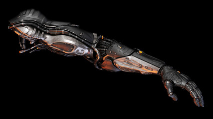 Futuristic robotic arm with intricate mechanical design and exposed wiring, showcasing advanced technology against a dark background in high detail