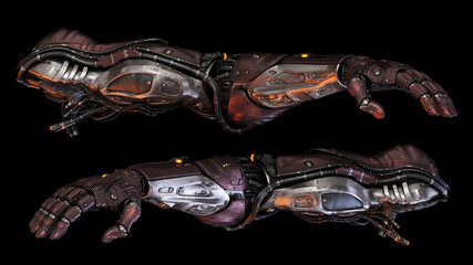Futuristic cybernetic mechanical robotic arms with intricate design and glowing lights showcasing advanced technology concept against a dark background