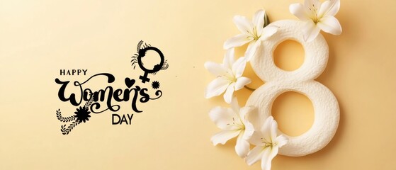 Naklejka premium Happy Womens Day: Elegant 8 with White Lilies and Floral Design