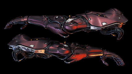 Futuristic robotic prosthetic arms with intricate details and advanced design on a black background, showcasing modern technology and innovation