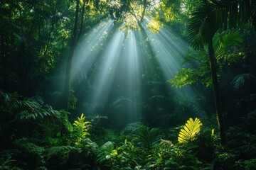 Fototapeta premium Sunlight streams through the canopy in a lush rainforest filled with vibrant green plants and rich vegetation