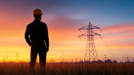 Worker in Safety Helmet Observing Power Lines at Sunset in an Open Field